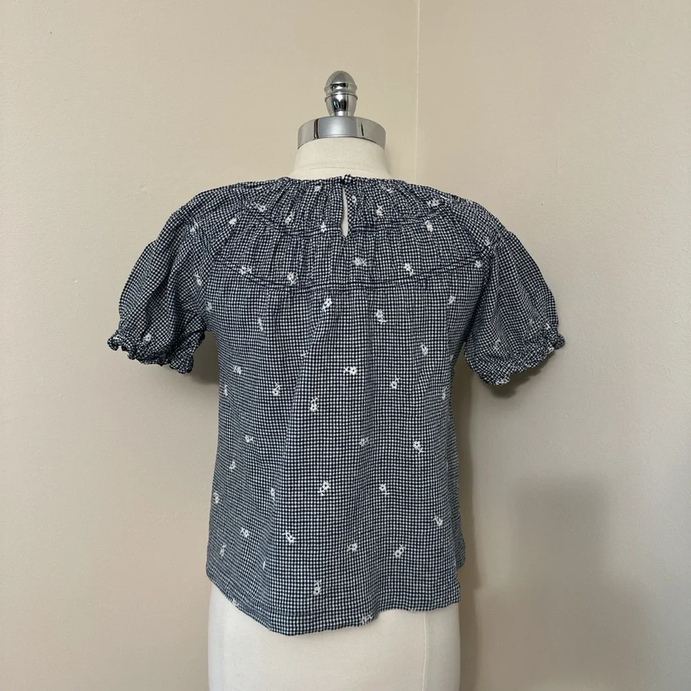 Madewell Navy Gingham Smocked Puff Sleeve Top